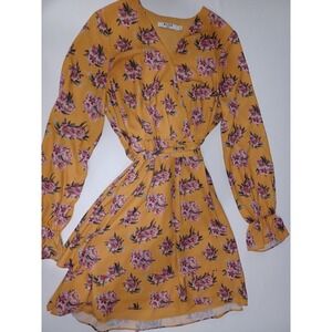NA-KD‎ Dress Womens 38 Yellow Floral Long Sleeve Belted Mini Wrap Boho Spring